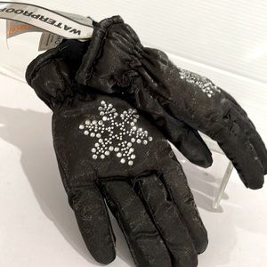 Girls Winter Gloves Thermosoft Waterproof Black w/Stone snowflake Size L 12-14